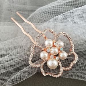 Rose Gold flower pearl rhinestone large hair pin